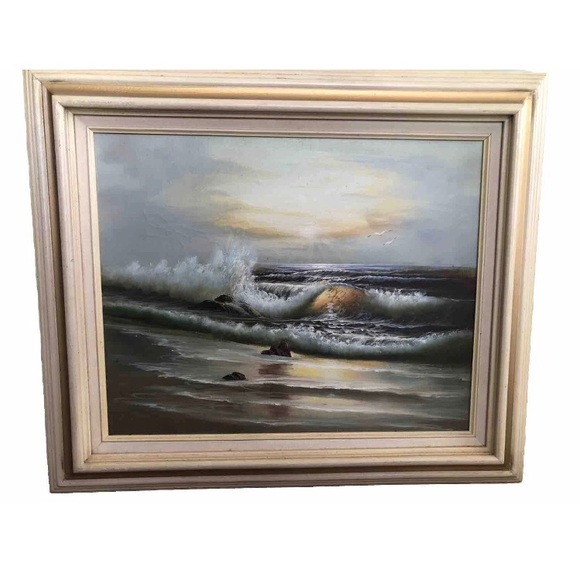 Vintage Ocean Seagull Painting Canvas In Cream Gold Gilt Picture Frame 26 X 22”